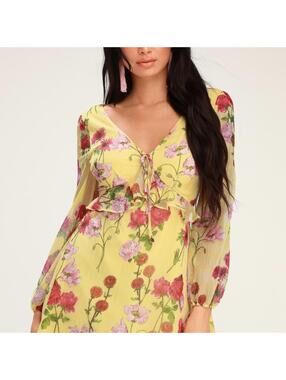 BB Dakota Botanical Bae Yellow Floral Print Long Sleeve Dress